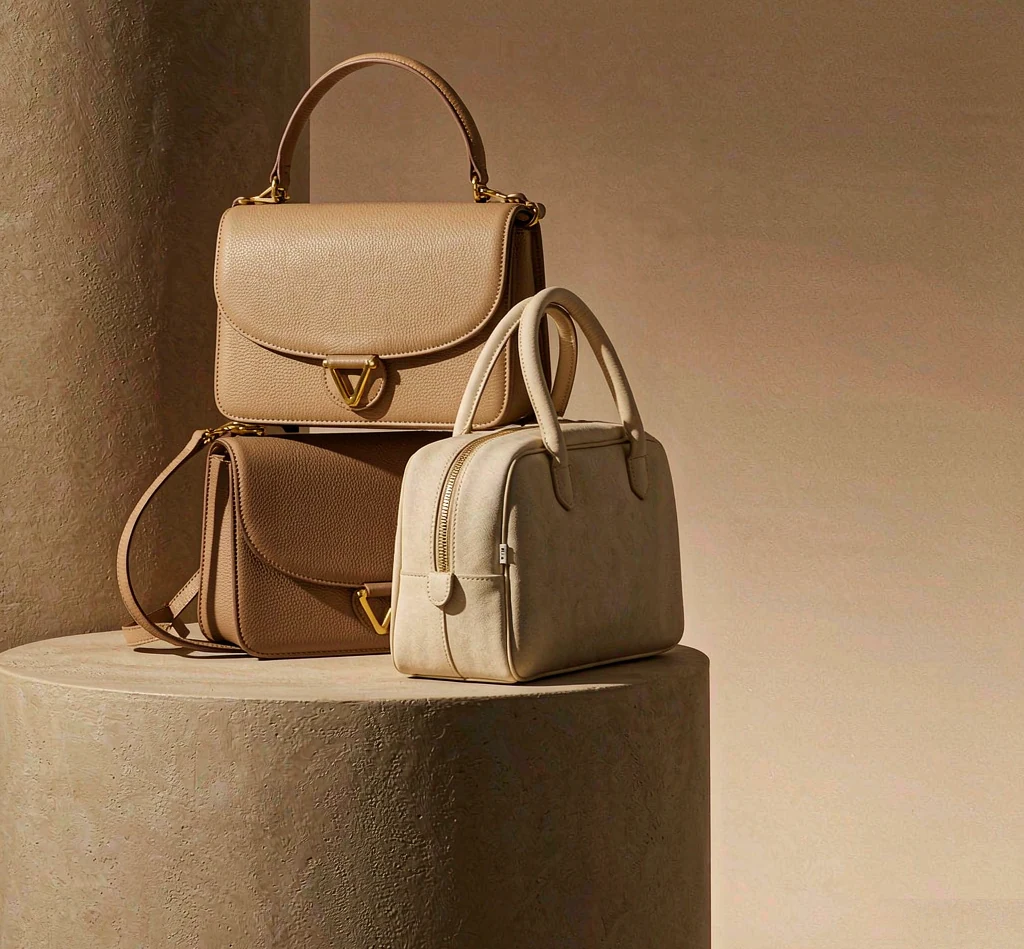 Three leather handbags arranged on a stone pedestal
