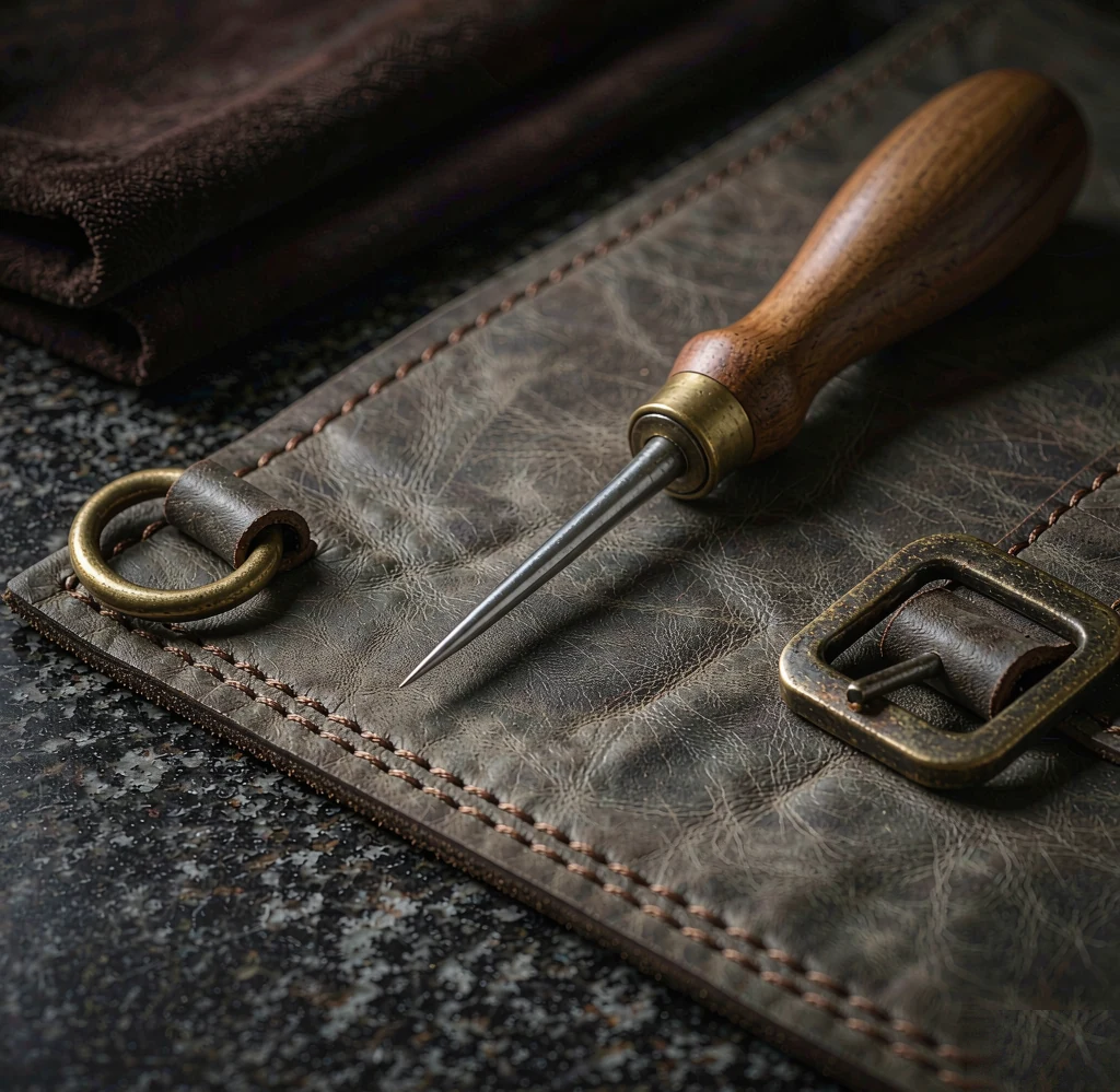Full grain leather with brass hardware and a stitching awl