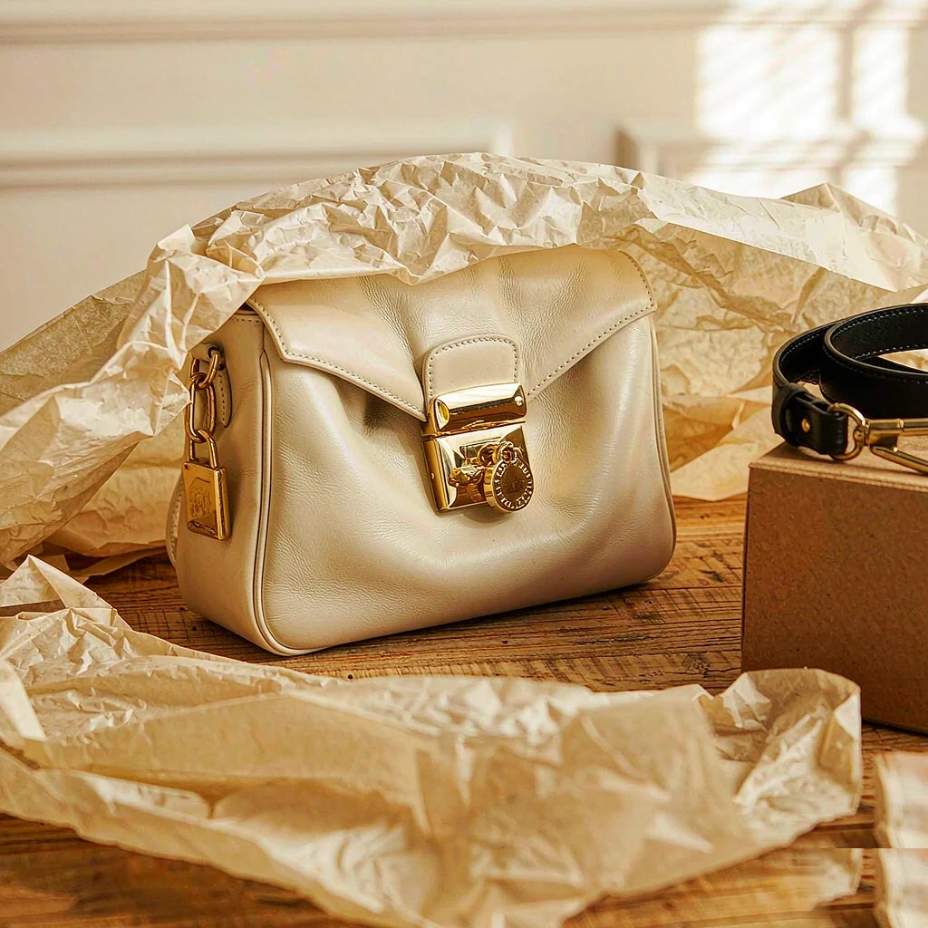 Leather bag being wrapped in tissue paper