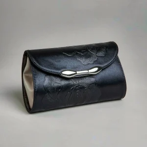 Black satin evening clutch bag